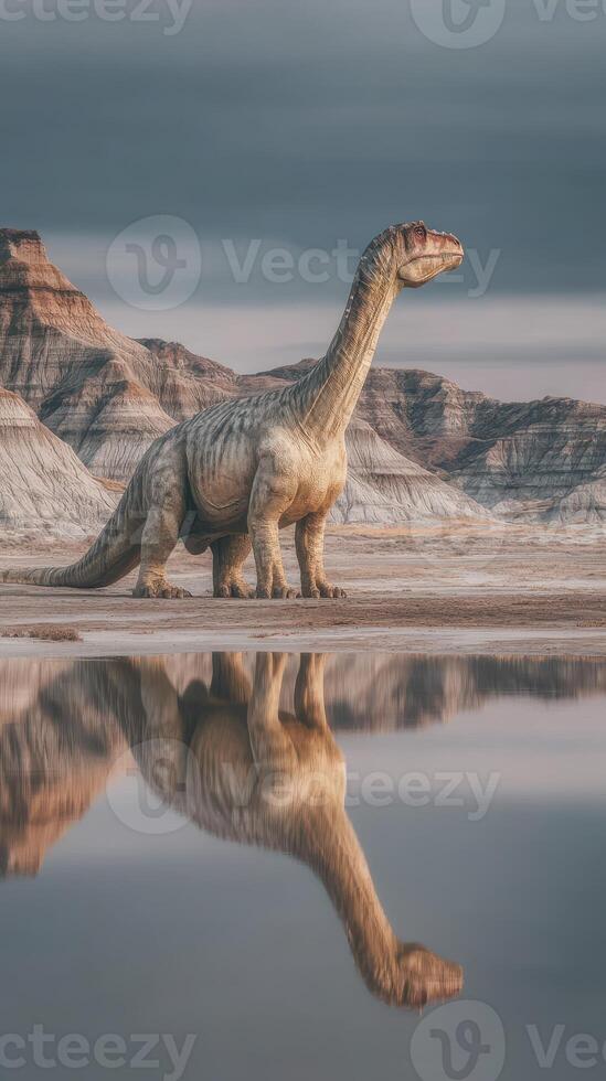 Dinosaur stands majestically beside a calm body of water in a prehistoric landscape during late afternoon light photo
