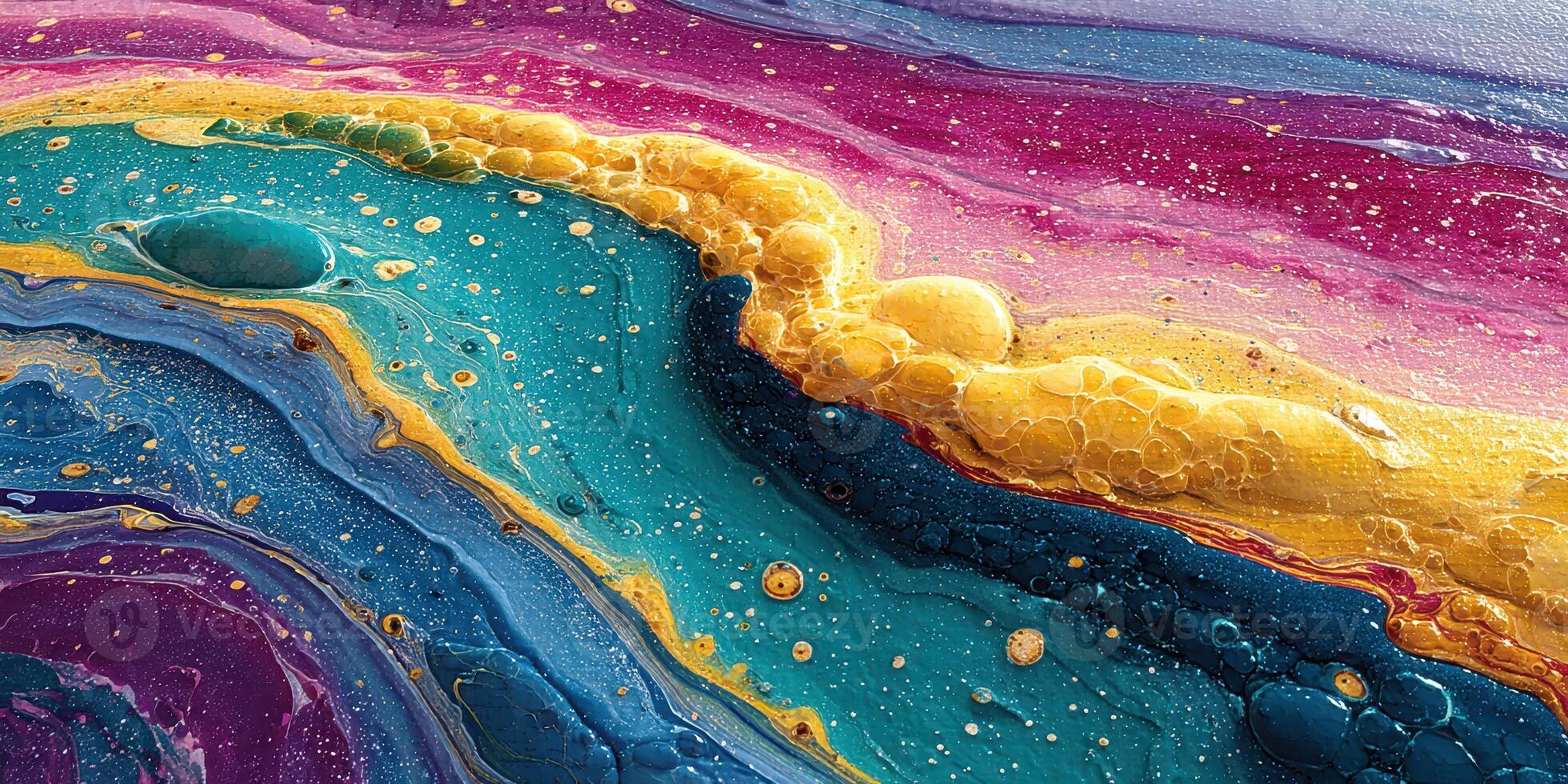 Colorful abstract artwork featuring vibrant swirling patterns and textures in shades of blue, gold, purple, and green layered intricately photo