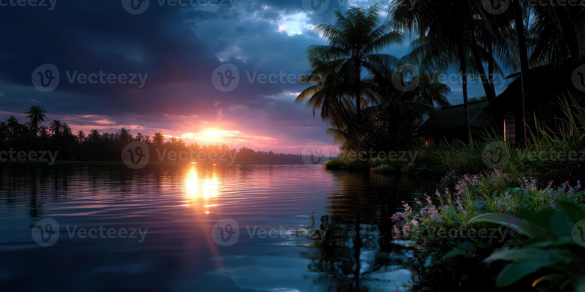 Sunset over tranquil lake surrounded by palm trees and lush vegetation in a calm evening atmosphere photo