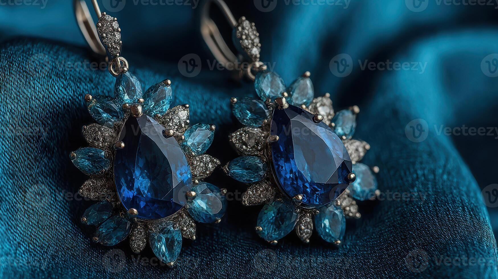 Elegant blue gemstone earrings displayed on a soft textured fabric in a rich hue during a studio shoot photo