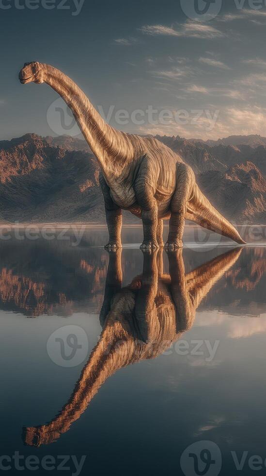 Large dinosaur stands peacefully by a calm lake reflecting mountains at dusk while clouds drift gently above photo