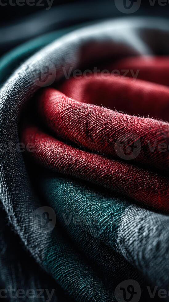 Close-up view of intricately folded fabric showcasing rich textures and bold colors in a cozy setting photo