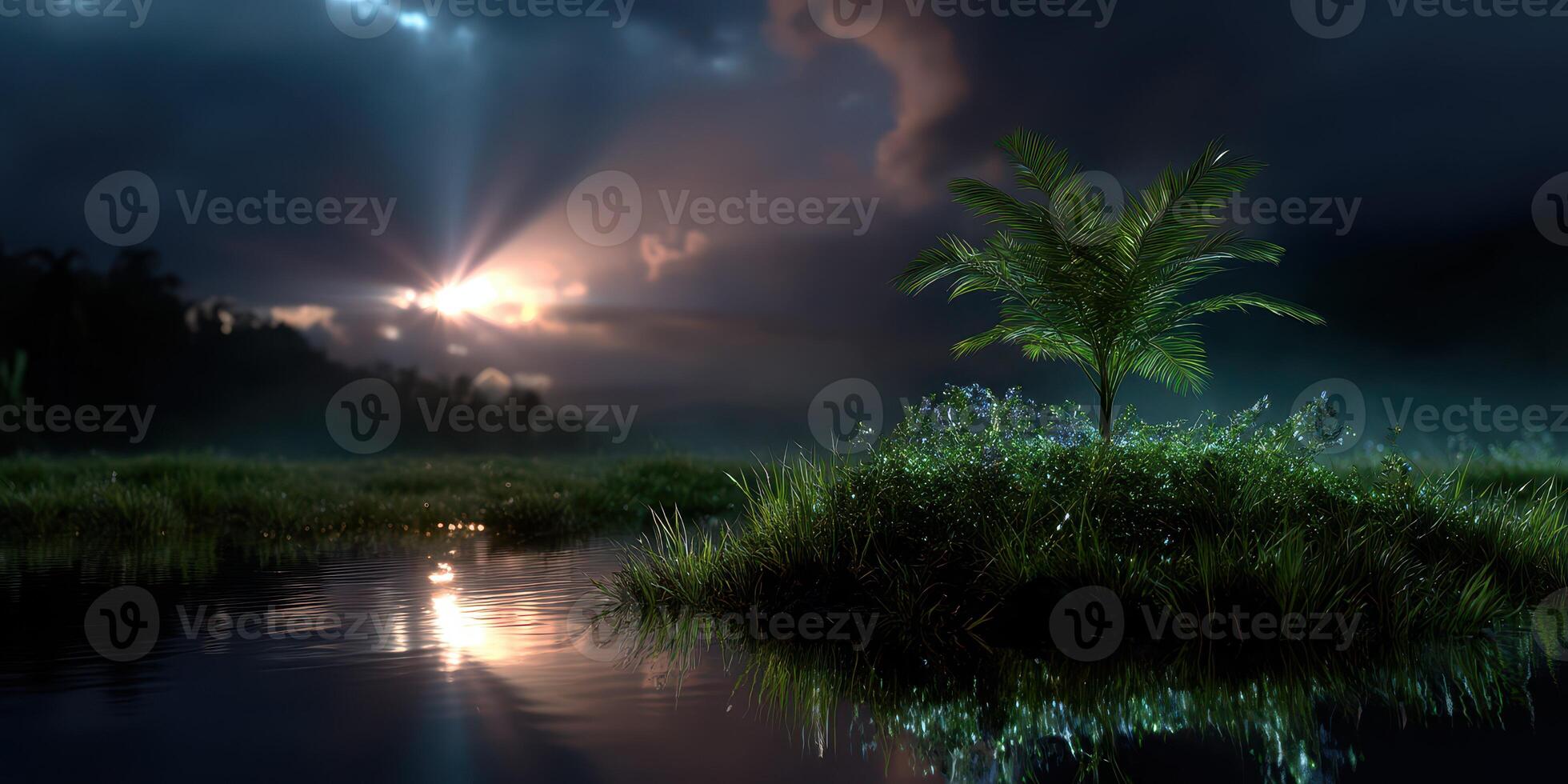 Sunrise over a tranquil island with palm tree reflecting in calm waters at dawn photo