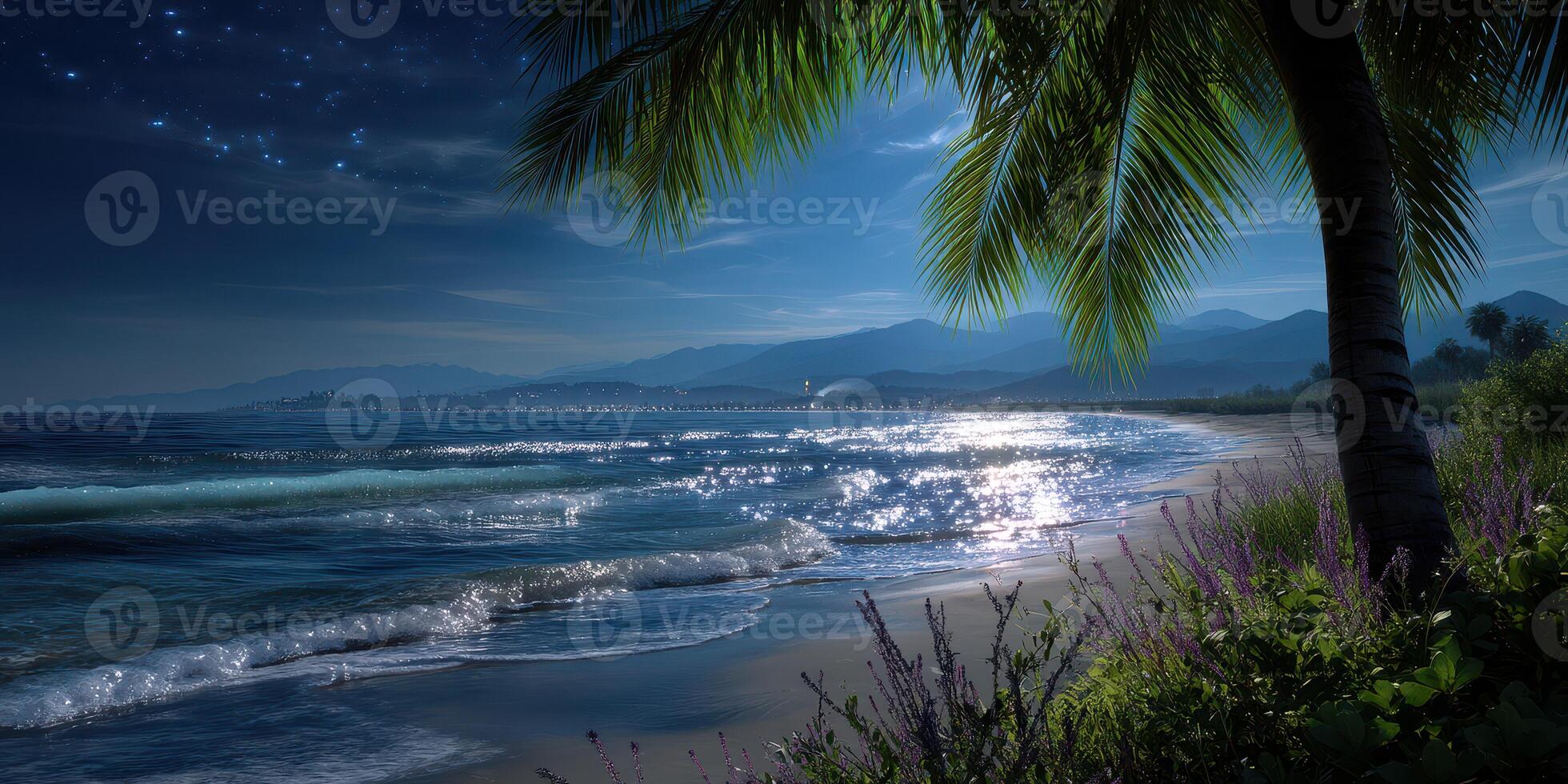 Tranquil coastal view at night with shimmering waves and illuminated palm trees in a serene landscape photo