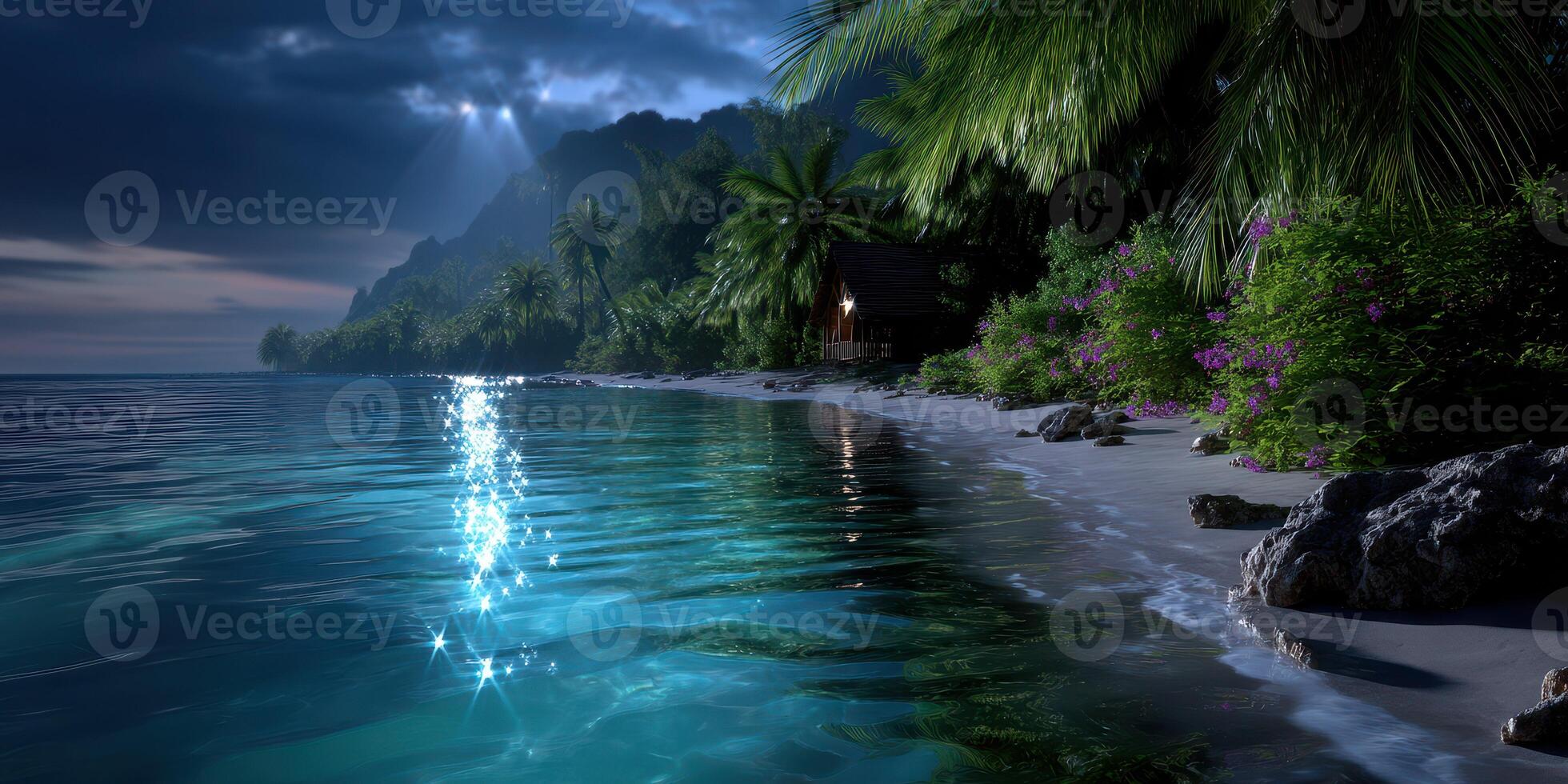 Serene nighttime beach with sparkling water and lush palm trees in a tropical paradise setting photo