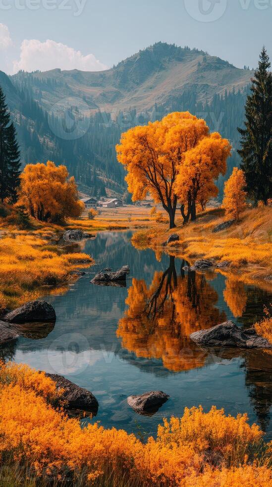 Vibrant autumn landscape with orange trees and reflective water in serene mountain setting photo