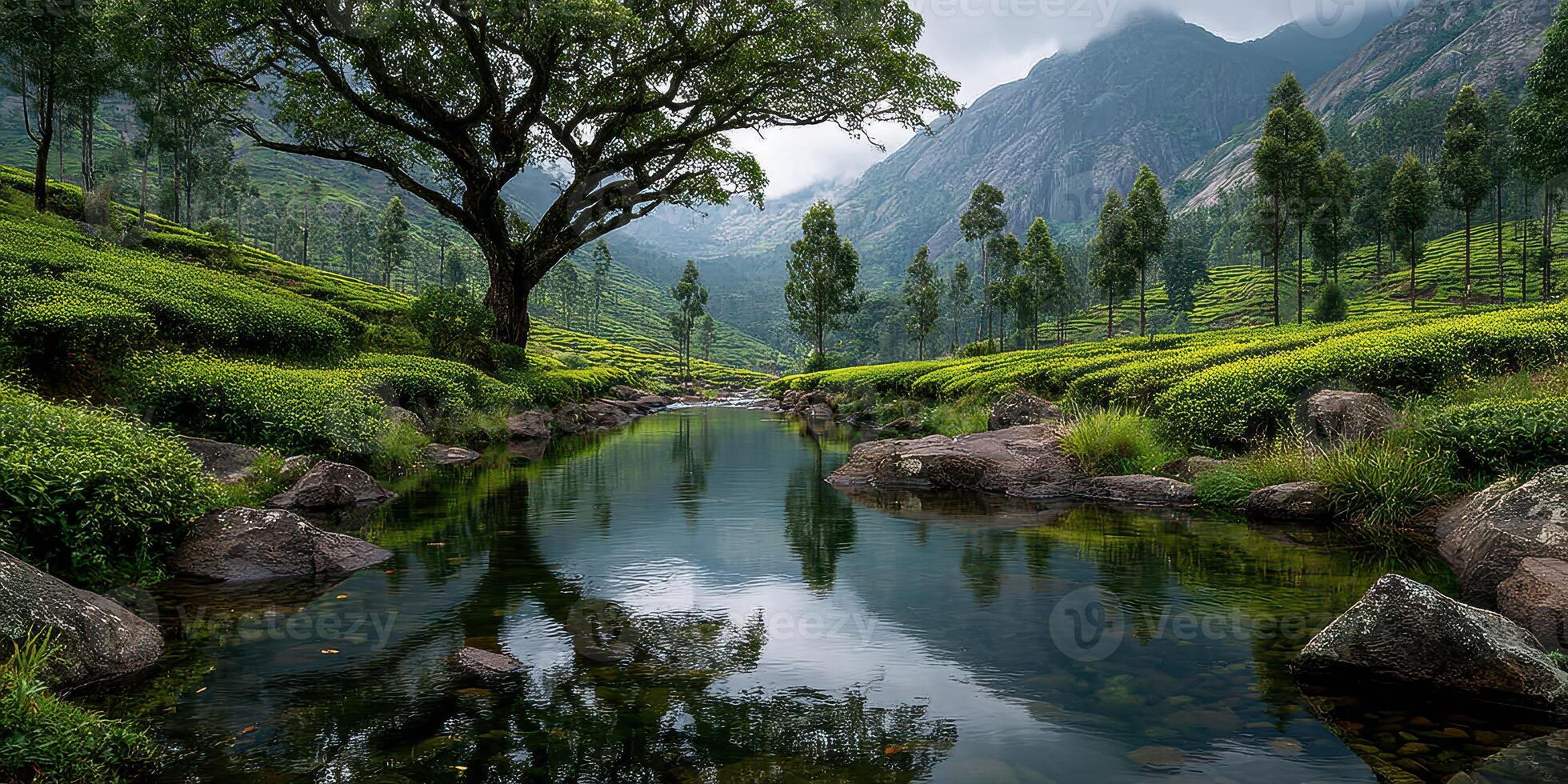 Lush green landscape with a serene river reflecting mountains during a cloudy day photo