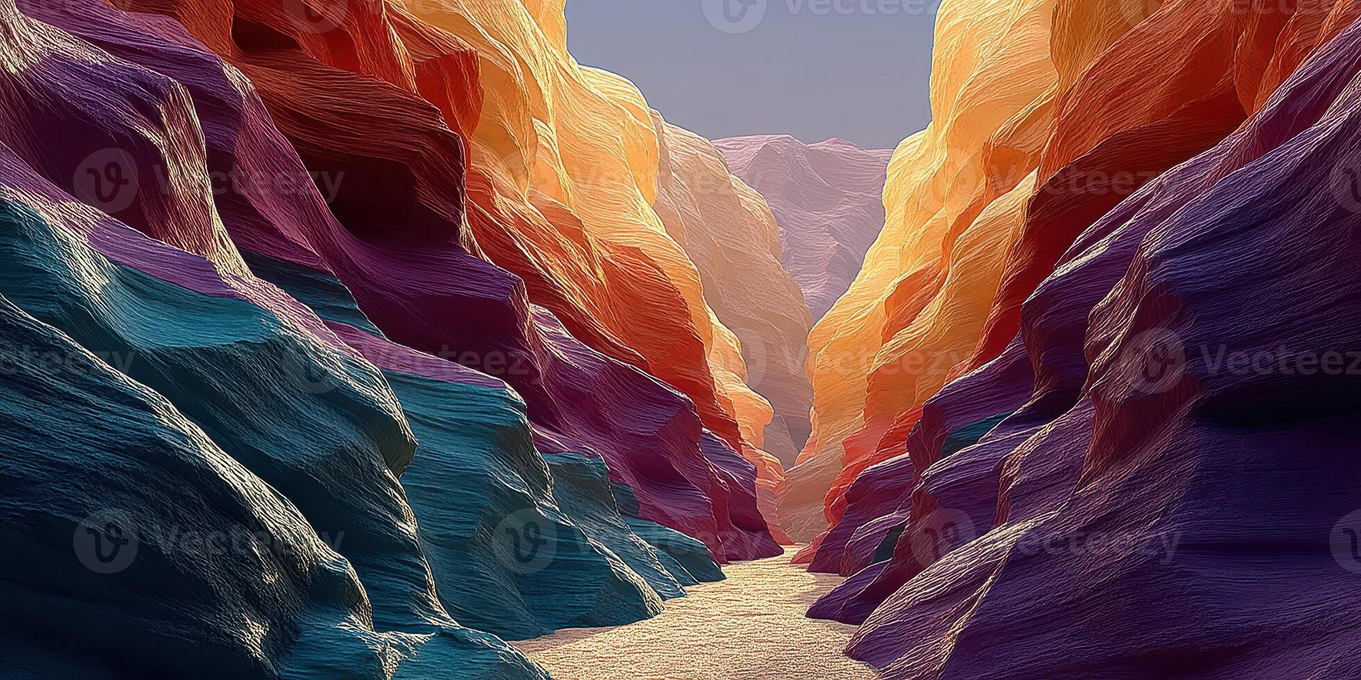 Colorful rock formations carve a vibrant canyon under the bright sky at sunset creating a stunning natural landscape photo