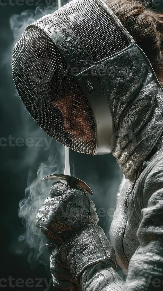 Fencer in ornate gear prepares for competition with focused intensity and a sword in hand during an indoor event photo