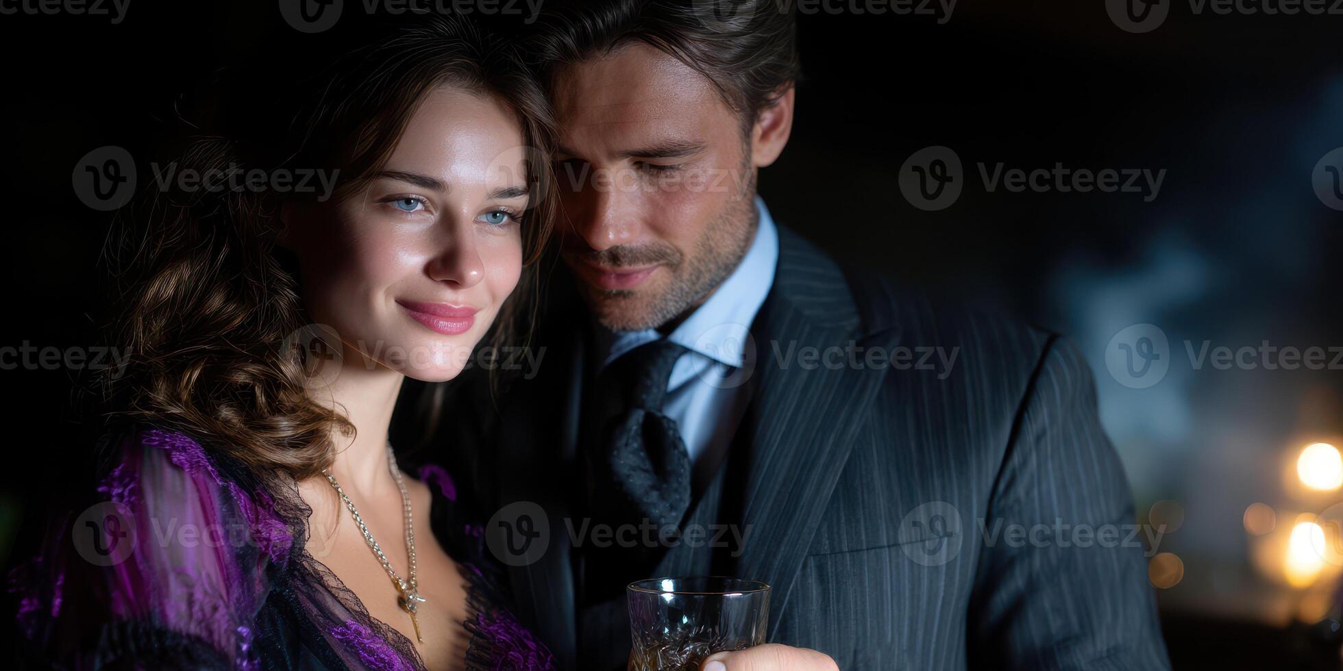 Romantic evening celebration with couple enjoying a cocktail in an elegant setting photo