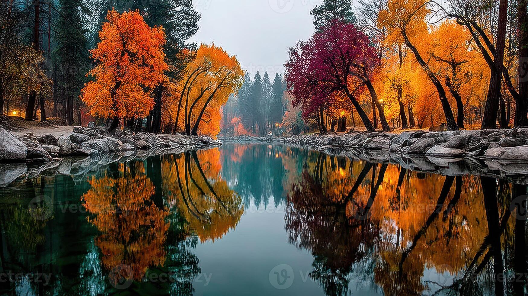 Autumn colors reflect in calm water of a serene river surrounded by vibrant trees in the morning fog photo
