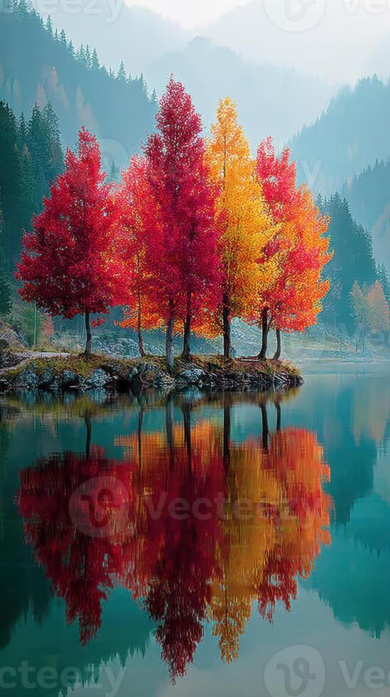 Colorful autumn trees reflecting in calm water surrounded by mountains photo