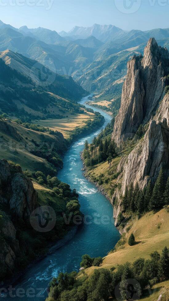 Majestic river flowing through mountainous landscape in serene afternoon light photo