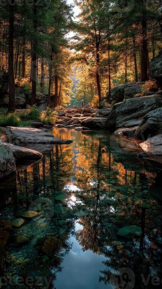 Vibrant autumn reflections in a serene forest stream at golden hour photo