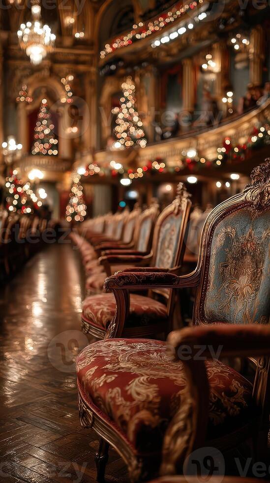 Festive interior of a historic theater with ornate seating and holiday decorations in the evening light photo