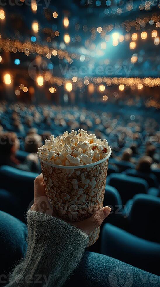 Enjoying popcorn in a cozy theater filled with audience before the show starts photo
