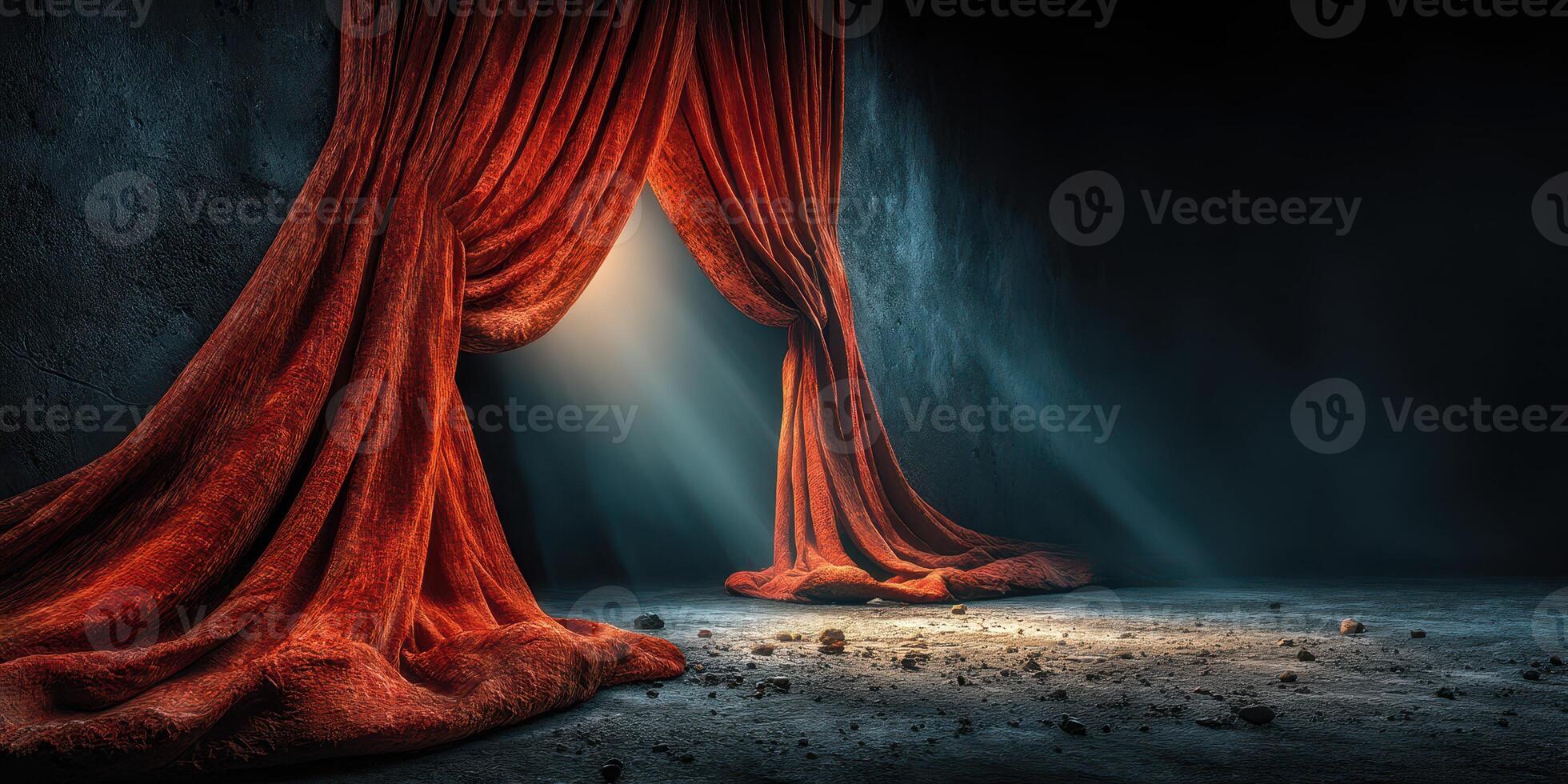 Curtains draw back to reveal a dimly lit stage with beams of light illuminating a dusty floor at an empty theater photo