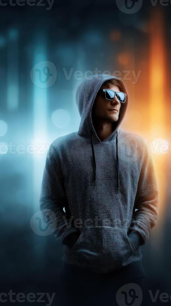 Young man in hoodie and sunglasses posing against a glowing abstract background during nighttime photo