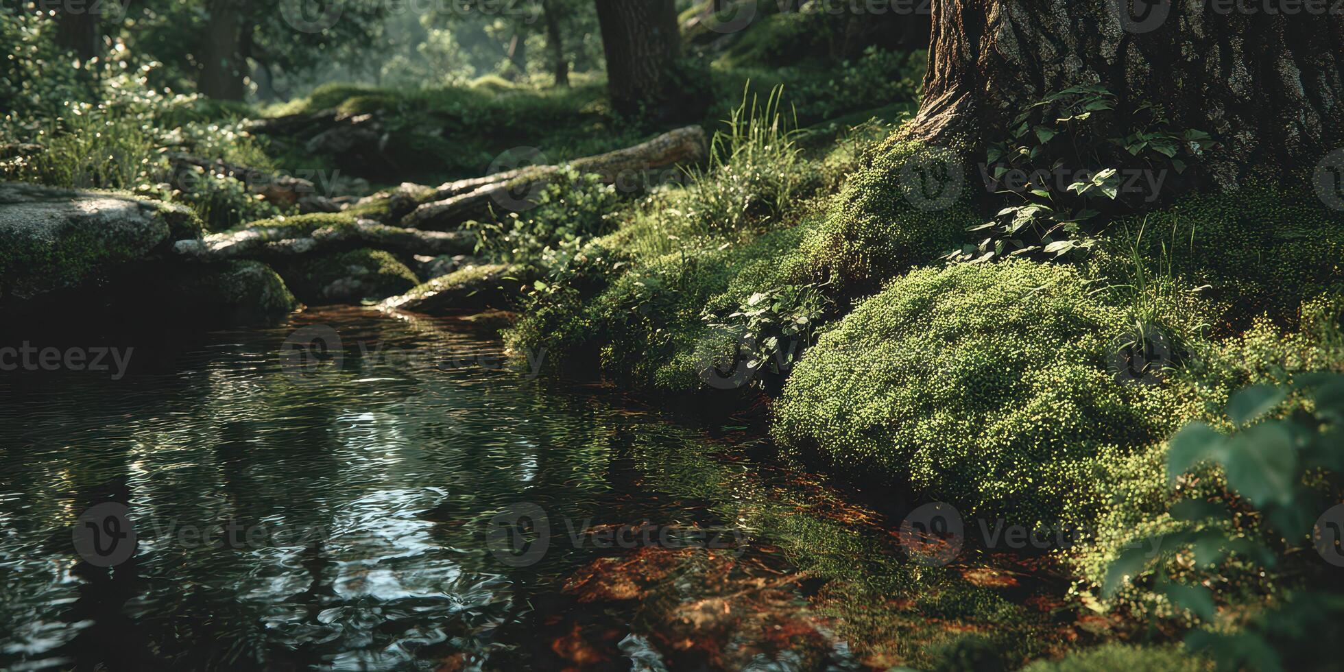 Tranquil forest stream surrounded by lush greenery and rocks on a sunny afternoon in nature photo