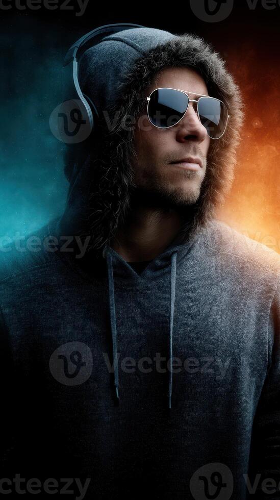 Young man wearing sunglasses and headphones in a hoodie poses dramatically against a colorful background of blue and orange photo