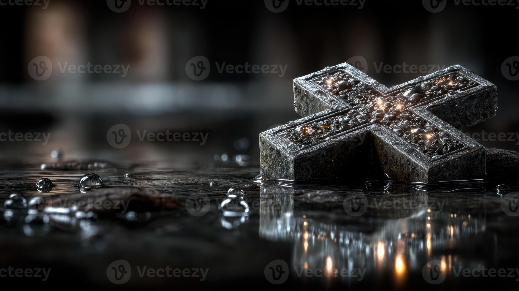 Cross reflection on wet surface illuminated by dim light near dark background, creating an atmospheric effect and sense of depth photo