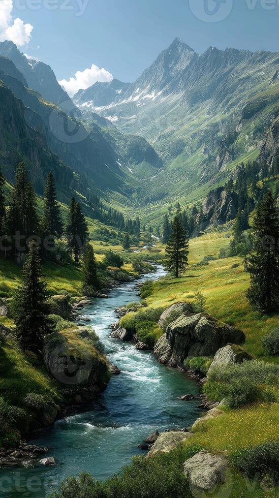 Majestic mountain valley with a flowing river and lush greenery under a clear blue sky photo