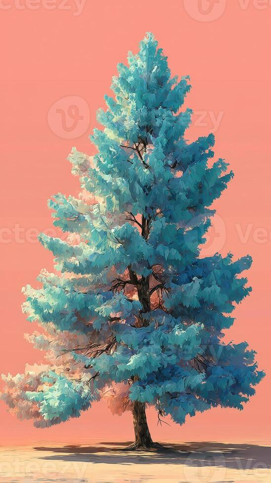Vibrant blue tree stands alone against a warm pink sky in a serene landscape at sunset photo