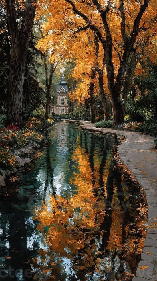Autumn leaves reflect in calm water beside a winding path near a historic building in a serene park setting photo