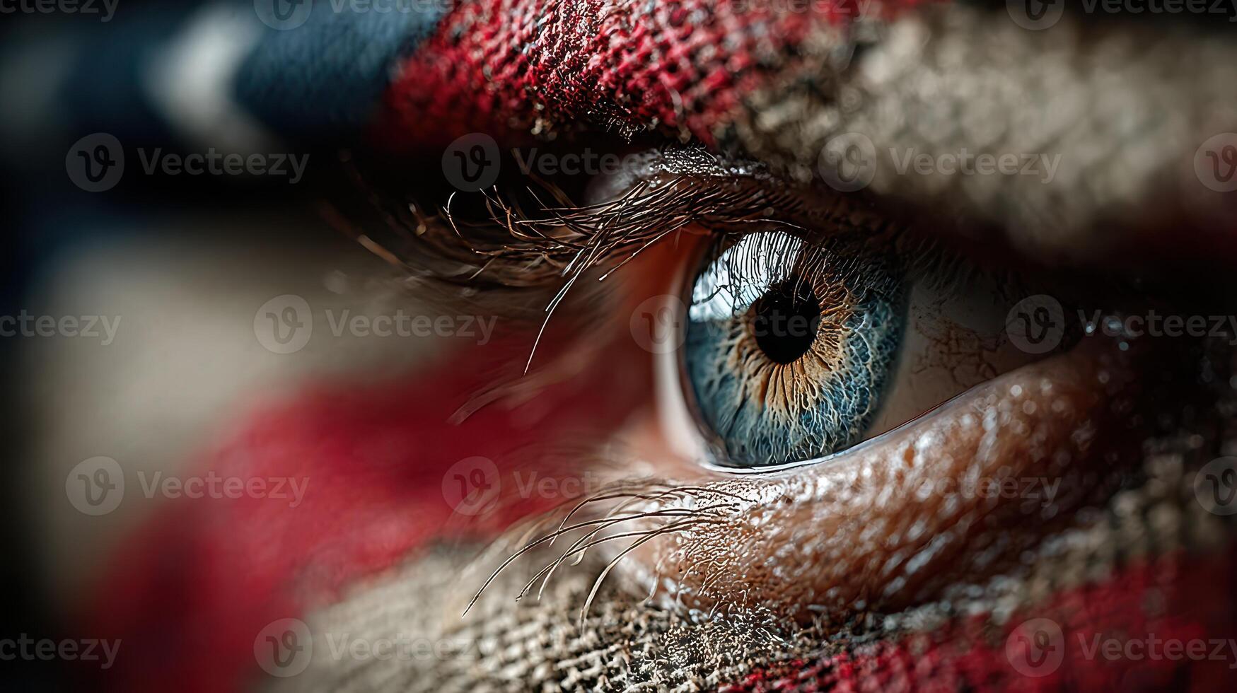 Eye close-up reveals striking details and emotion with patriotic patterns in background lighting up the scene photo