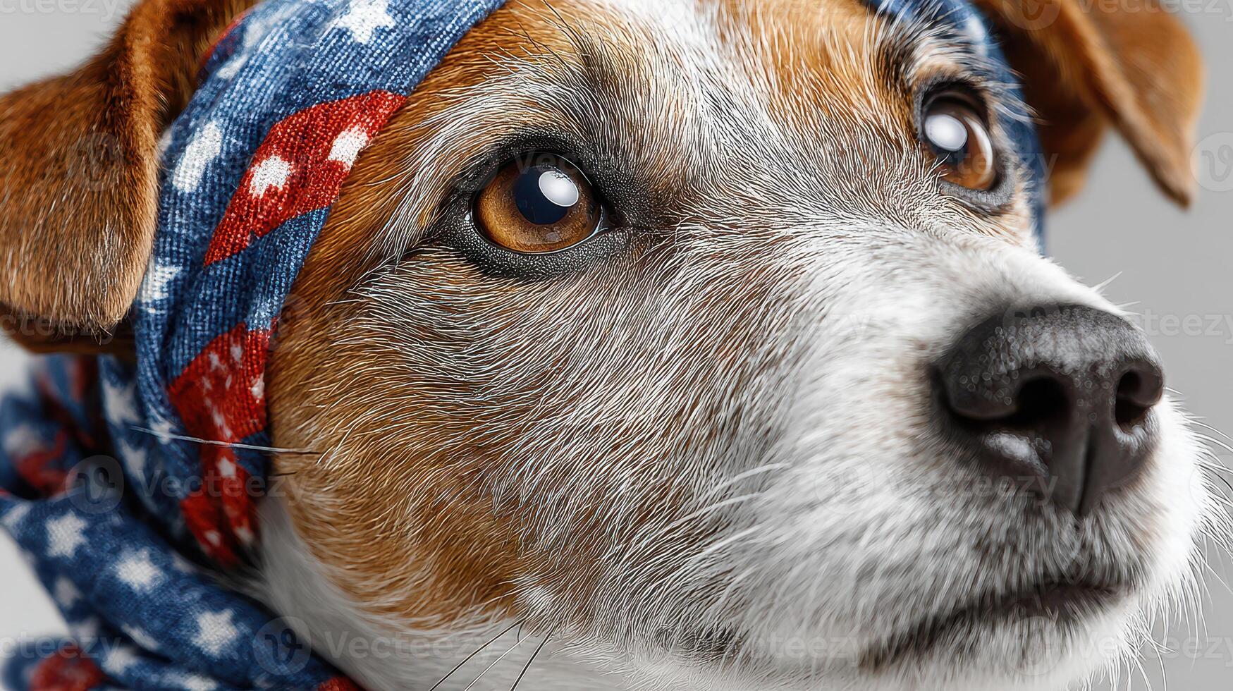 Dog wearing a colorful scarf with a patriotic pattern looks thoughtfully at the camera in a well-lit indoor setting photo