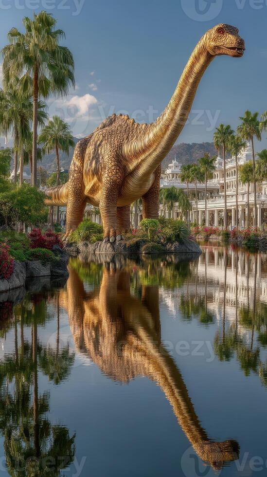 Giant golden dinosaur statue reflected in calm waters surrounded by lush greenery in a tropical setting photo