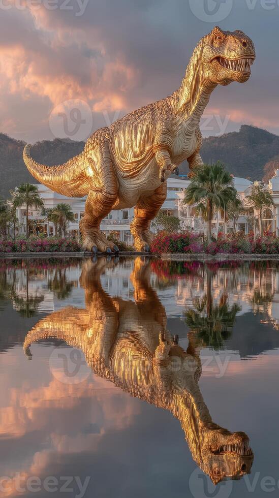 Giant golden dinosaur statue stands in a reflection lake during sunset at a theme park photo