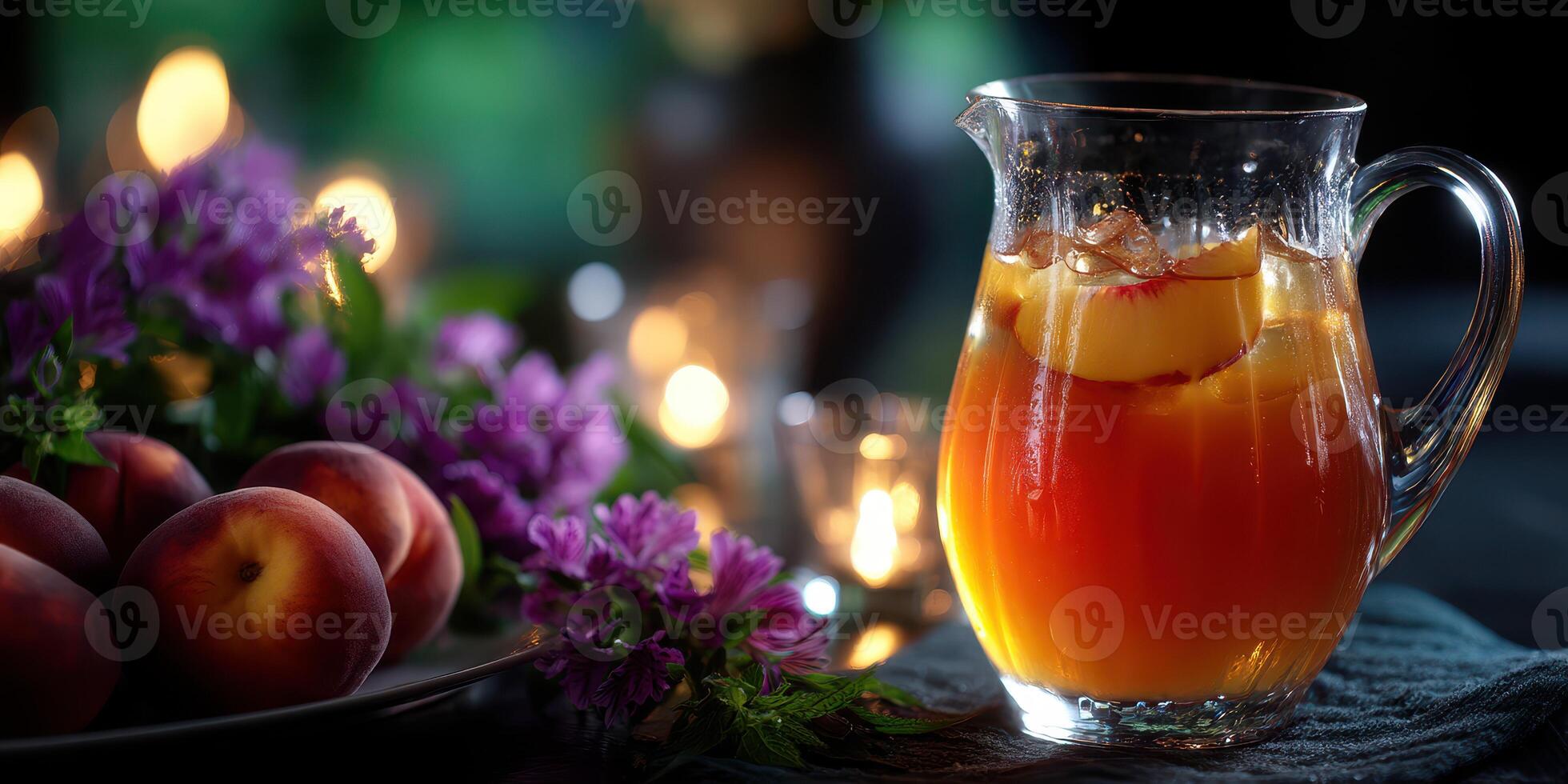 Refreshing peach iced tea with fresh fruit and flowers in a cozy evening setting photo
