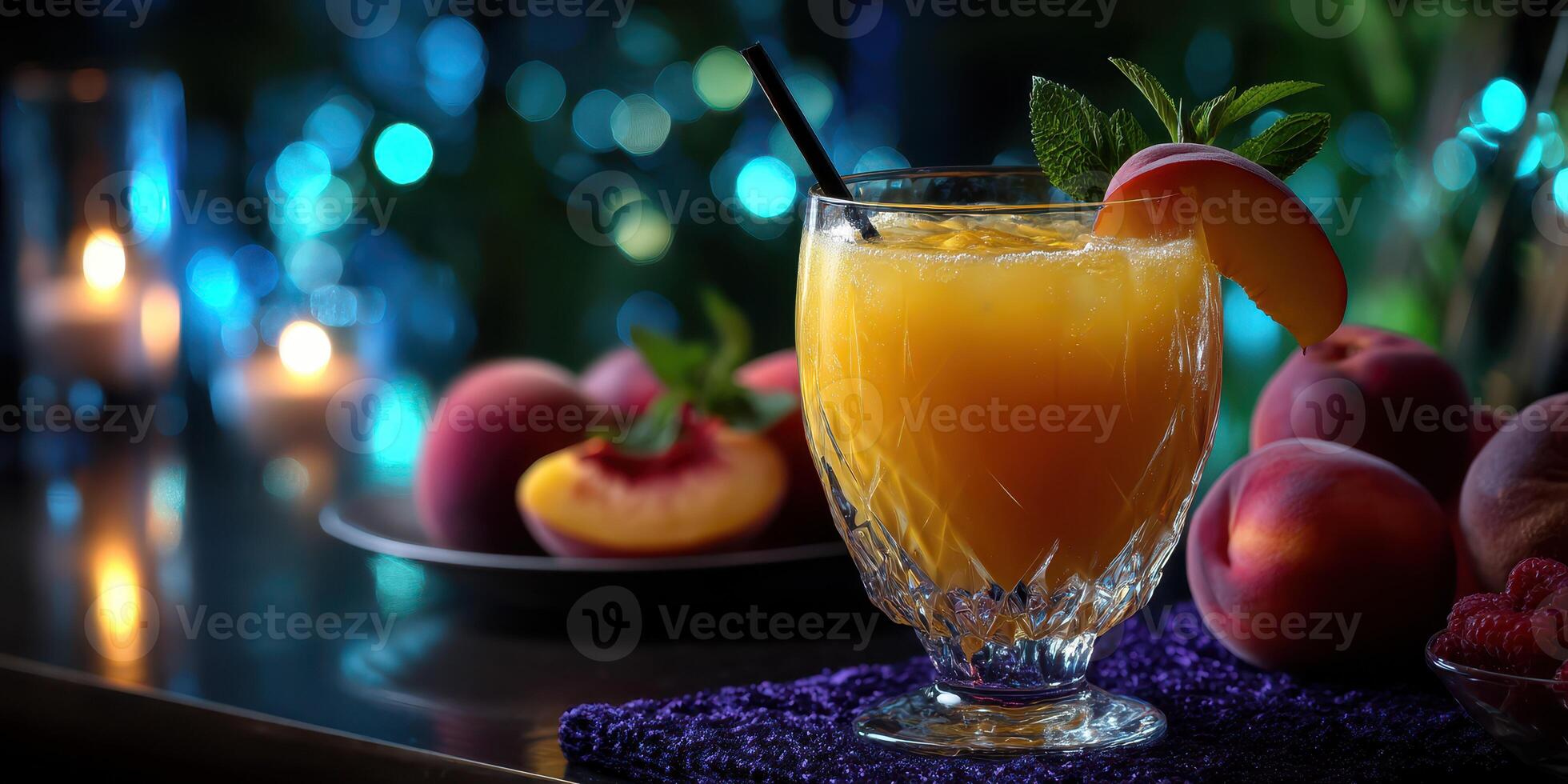 Refreshing summer cocktail with fresh peaches and mint served in a stylish glass at an evening gathering photo