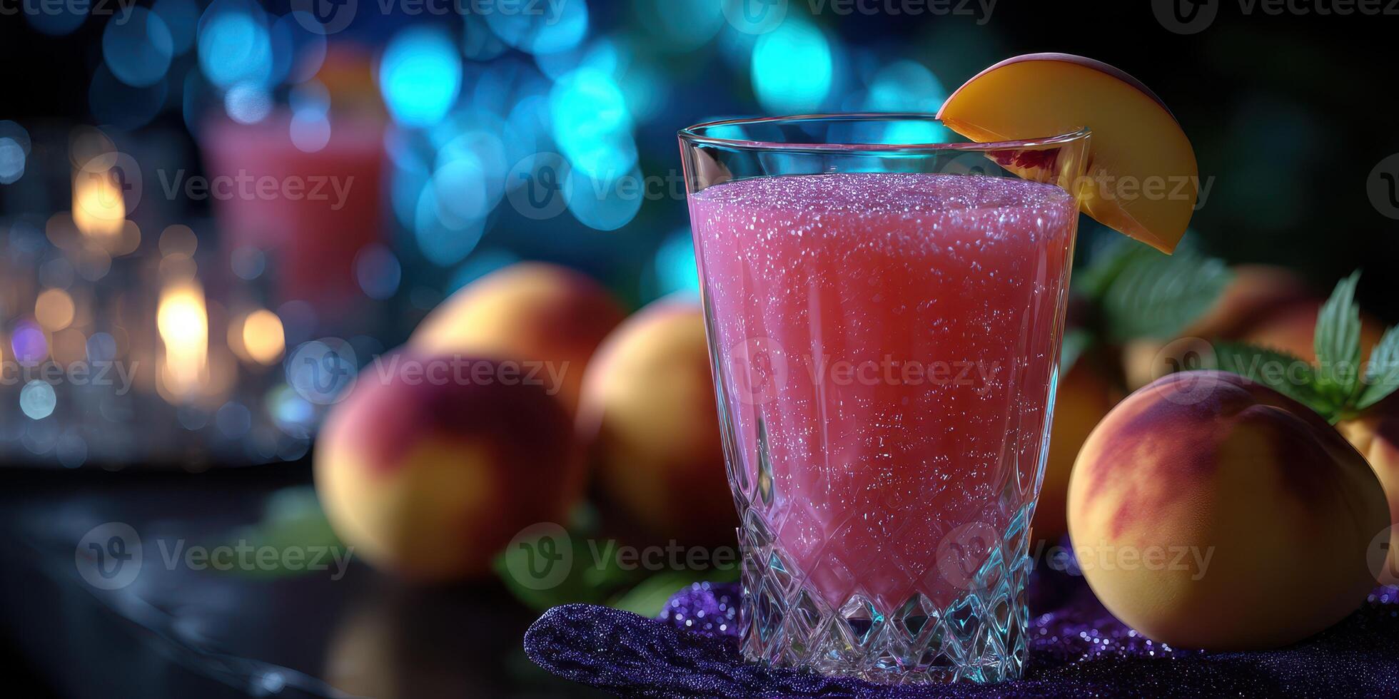 Refreshing summer peach drink garnished with a slice, set against a sparkling background photo