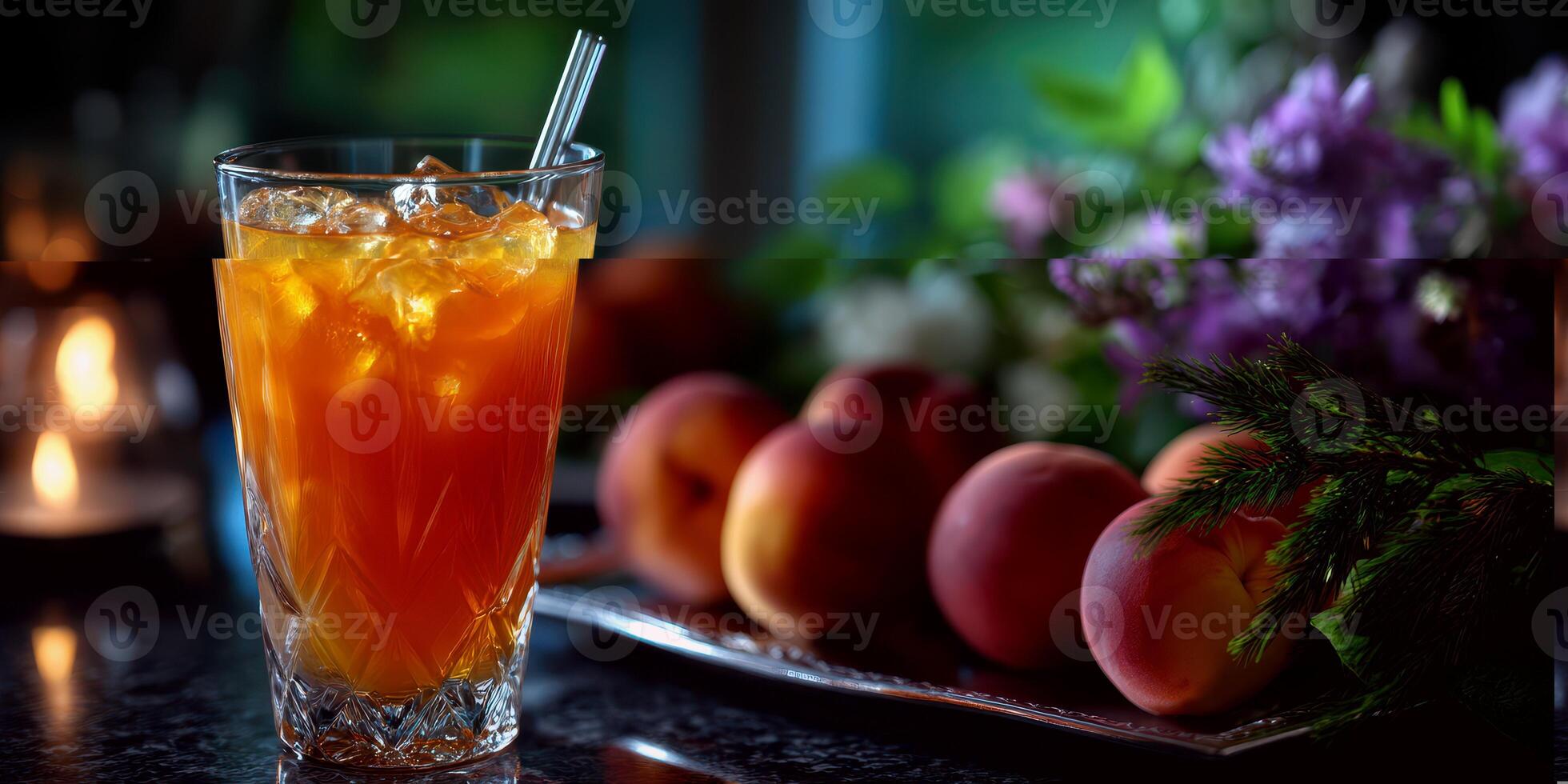 Refreshing peach iced tea served with fresh peaches near soft candlelight in a cozy indoor setting photo