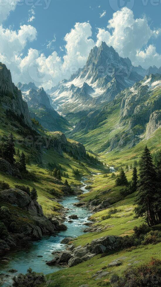 Majestic mountain landscape with lush valleys and a flowing river under a bright sky photo