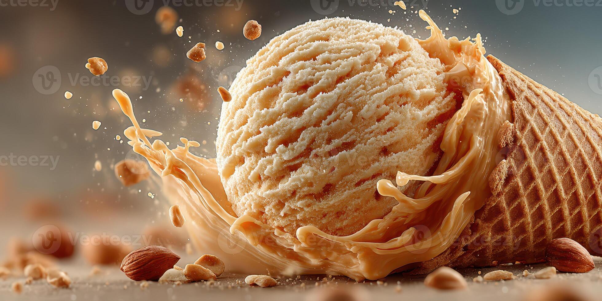 Delicious ice cream scooped over a waffle cone with creamy caramel sauce and crushed nuts photo