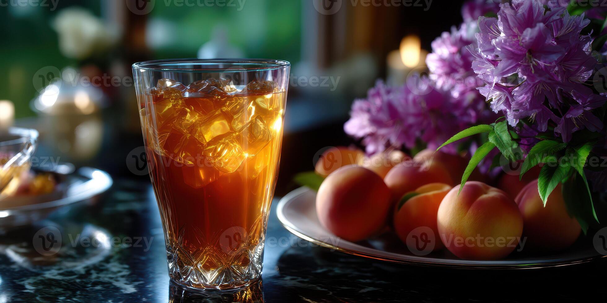 Refreshing iced tea served beside fresh peaches and lilacs in a cozy afternoon setting photo