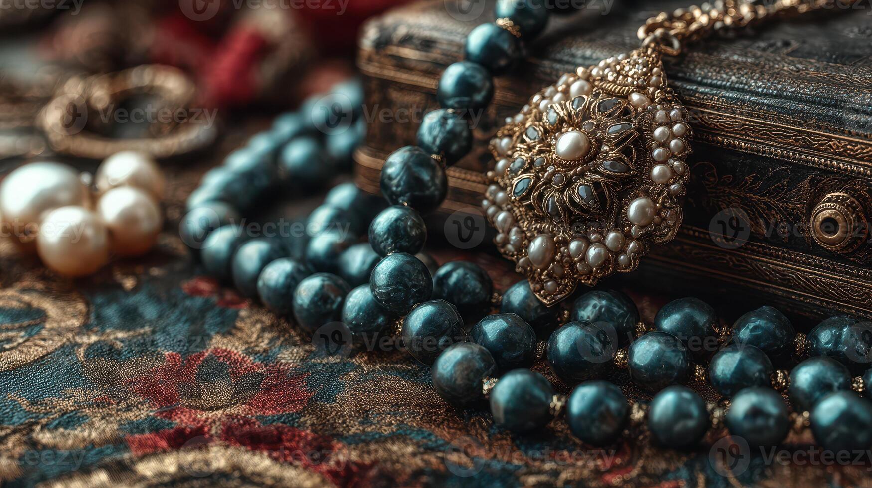 Intricate vintage jewelry displayed on an ornate box with a rich textile background in warm lighting photo