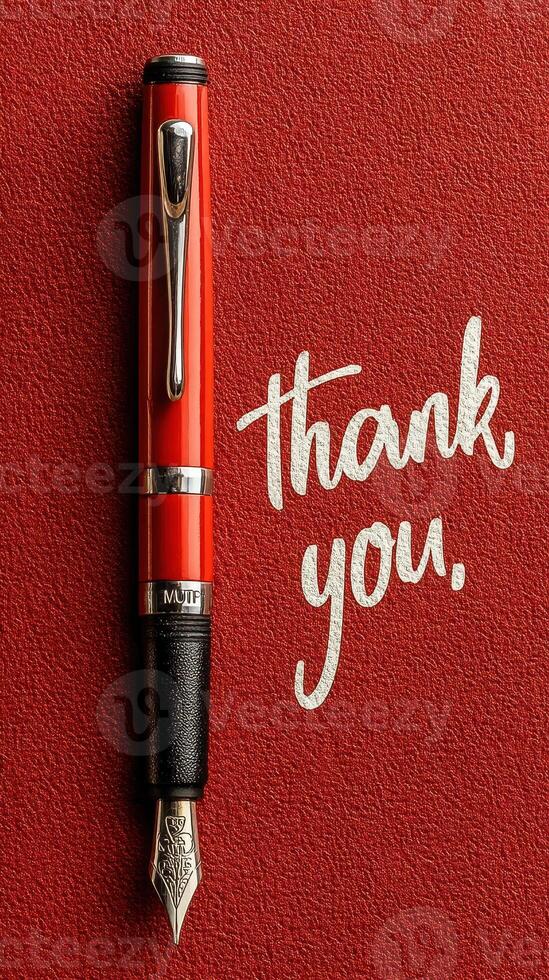 Elegant red fountain pen arranged beside a handwritten thank you note on a textured red background photo