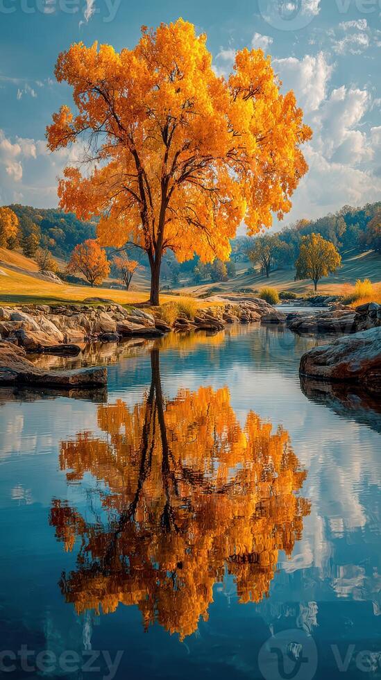 Vibrant autumn tree reflects in peaceful lake surrounded by colorful foliage and rocky landscape photo