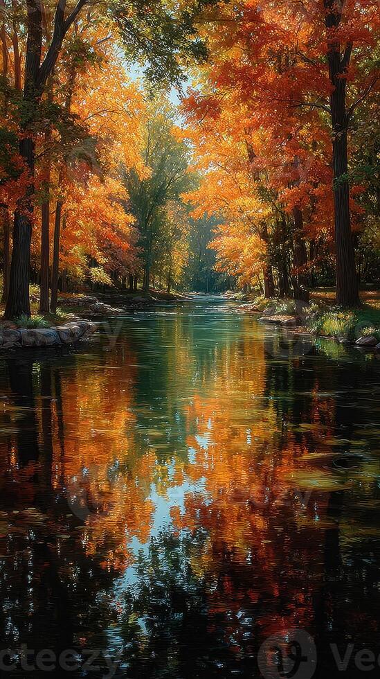 Vibrant autumn colors reflect in serene river surrounded by golden trees during golden hour photo