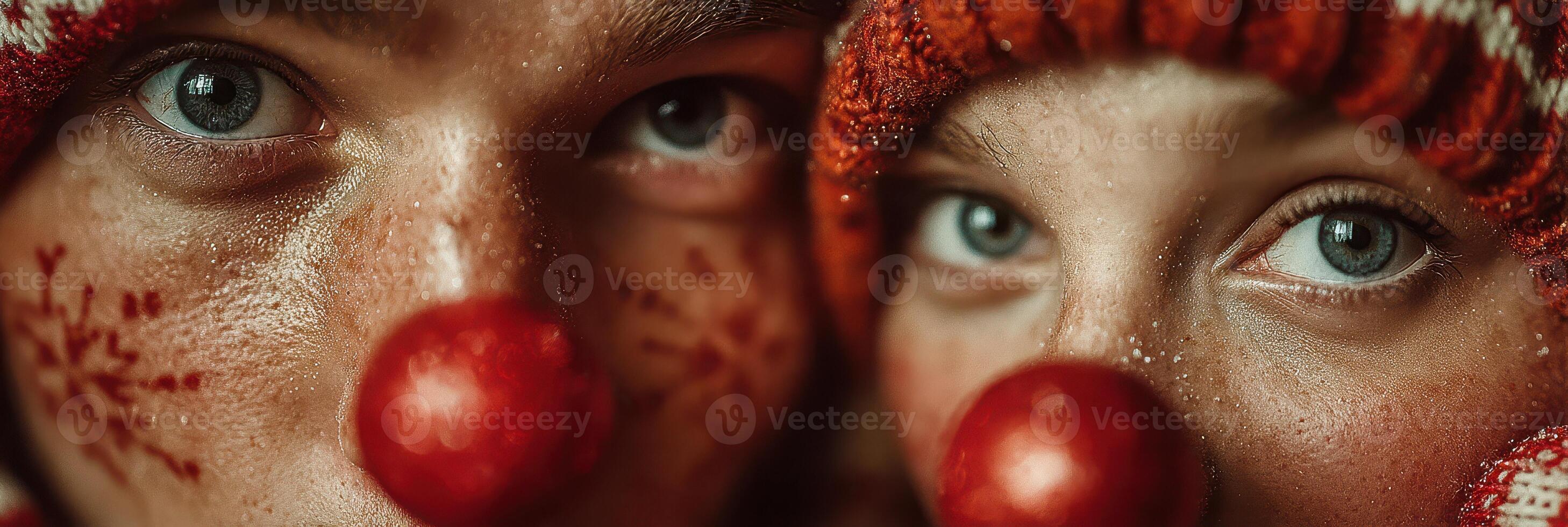 Festive friends display holiday spirit with joyful expressions and colorful nose decorations photo