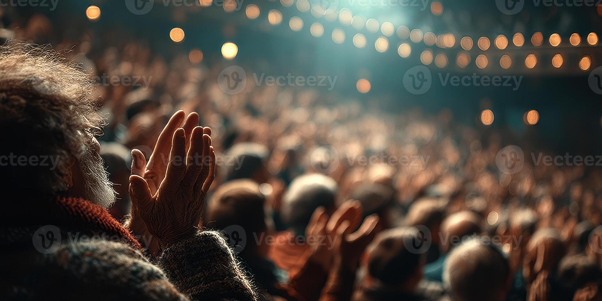 Crowd applauds enthusiastically during an evening performance in a cozy theater filled with warm lights photo