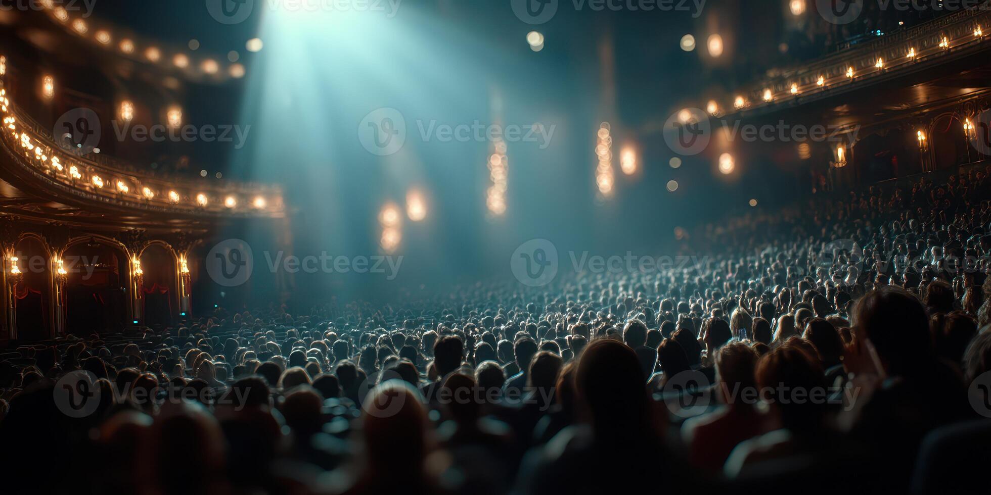 Audience captivated by performance in grand theater during evening show photo
