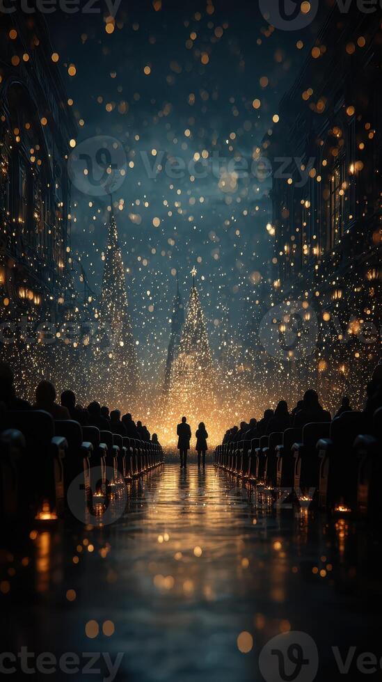 Holiday celebration with illuminated trees and couples standing in a festive atmosphere at night photo