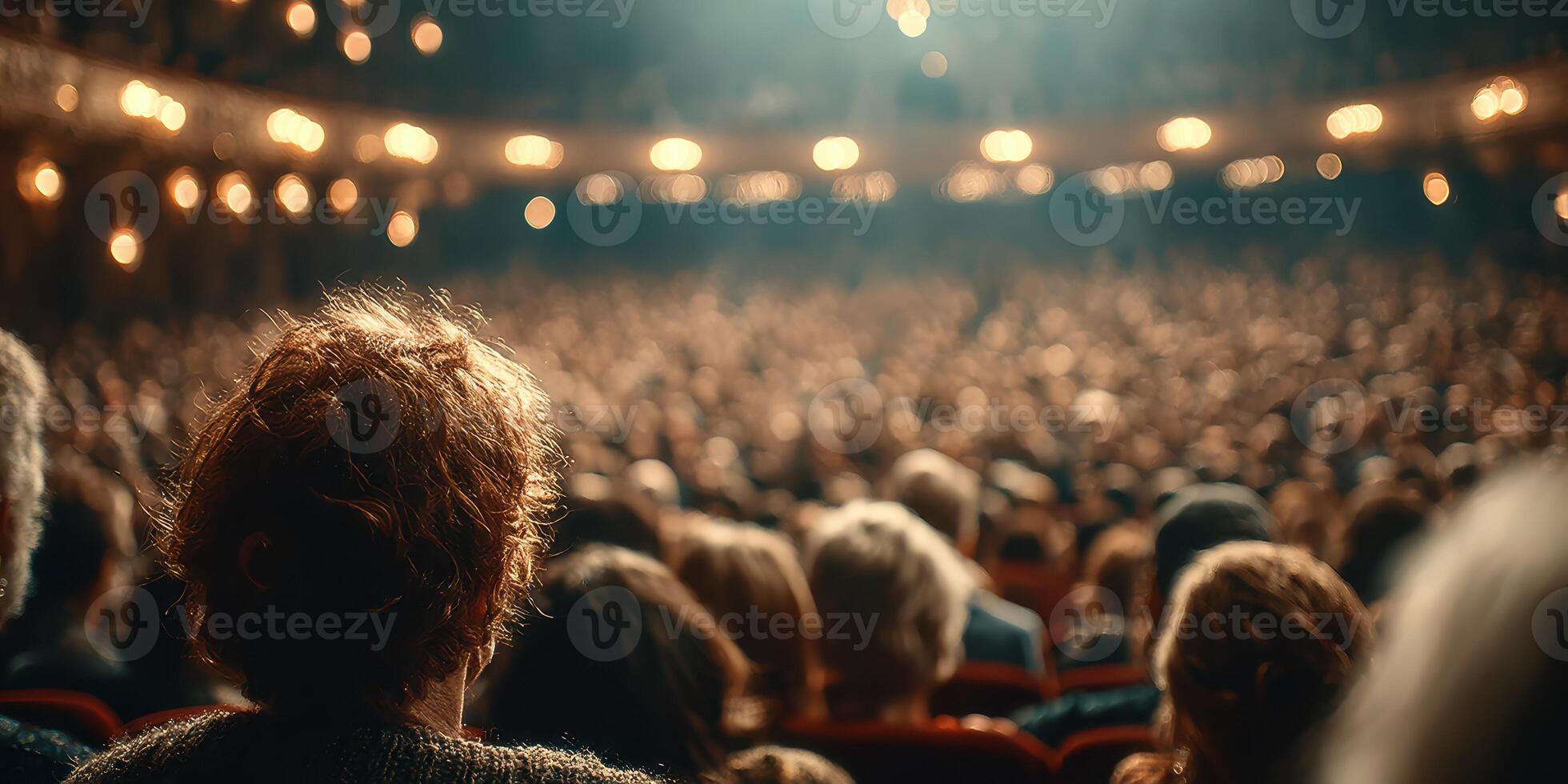 Crowd of theatergoers enjoying a performance in a historic venue at night photo
