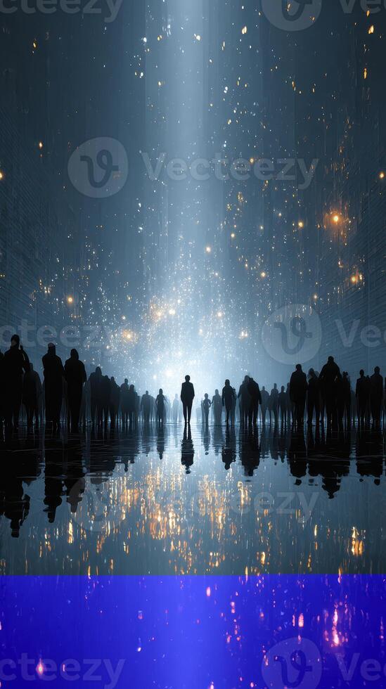 People gathering in a futuristic setting illuminated by shimmering lights and reflections at dusk photo