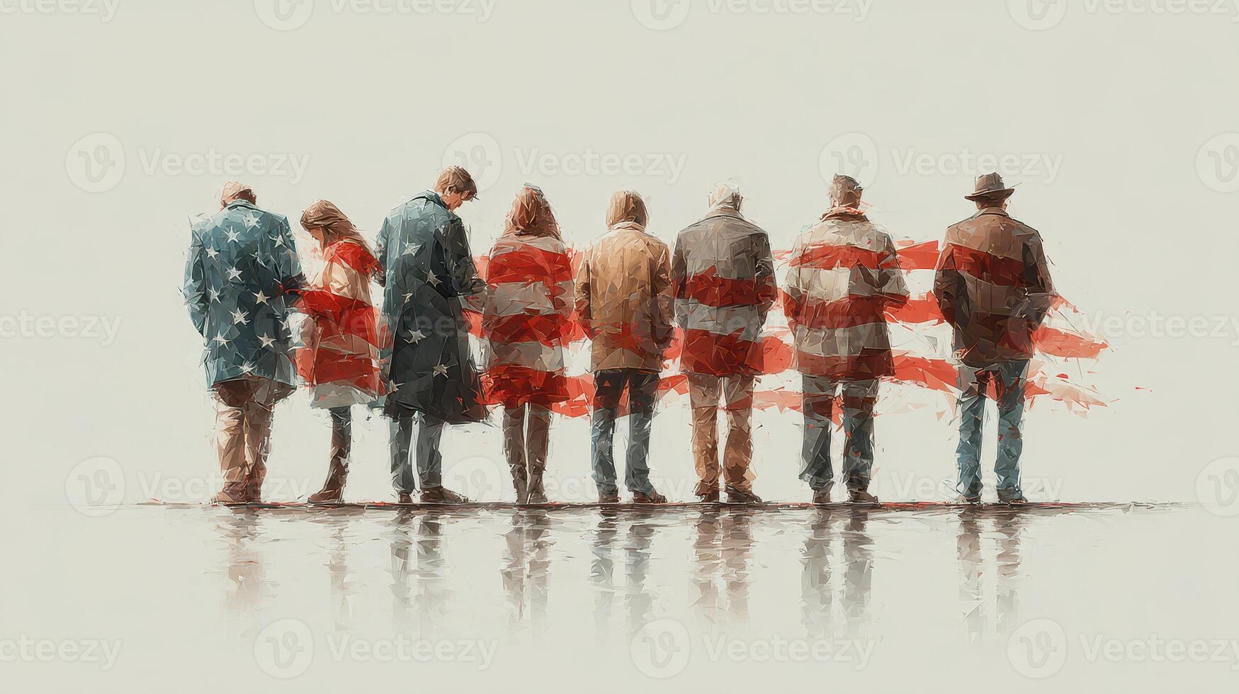 People standing together in solidarity while wrapped in an American flag representing unity and patriotism photo
